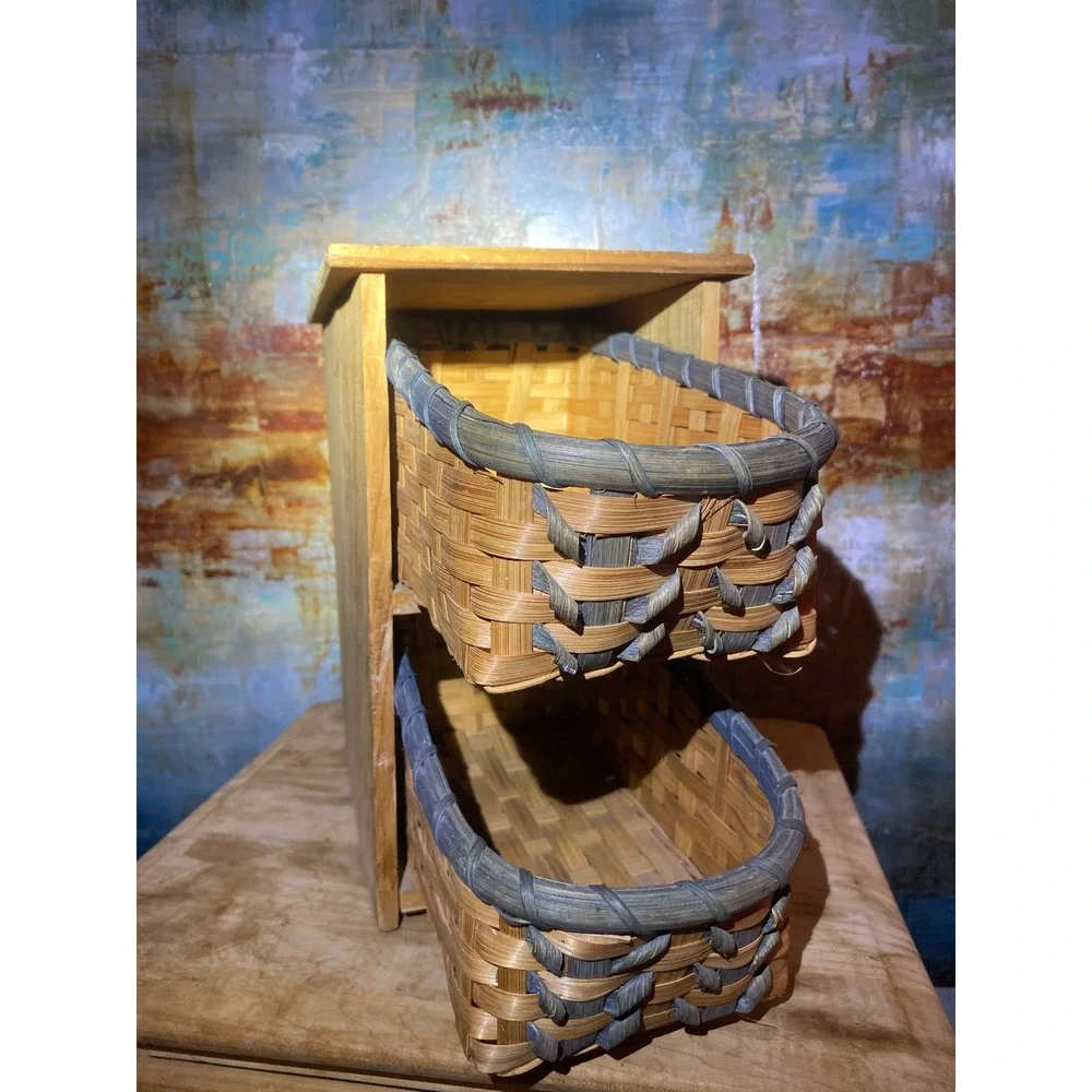 Rustic Wood 2 Tier Storage Organizer with Woven Baskets Natural Blue Grey